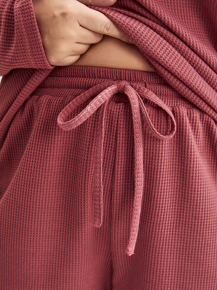 

Plus Size Solid Ties Waffle Knit Pajama Set Women Burgundy Plain Long Sleeve Round Neck Casual Loungewear Sets BloomChic