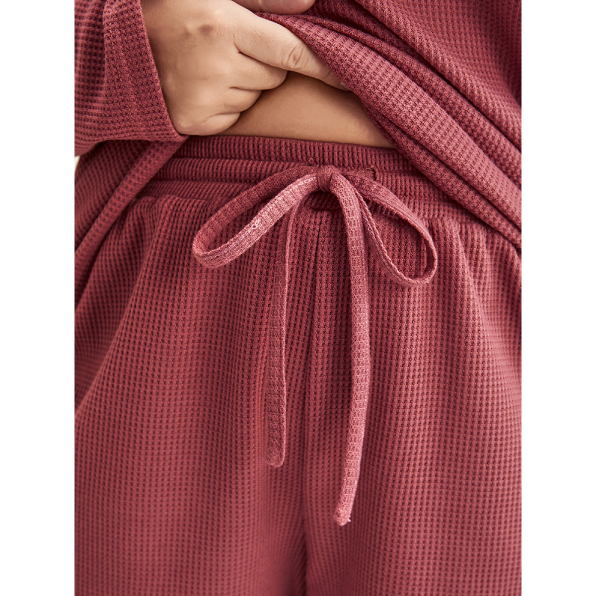 

Plus Size Solid Ties Waffle Knit Pajama Set Women Burgundy Plain Long Sleeve Round Neck Casual Loungewear Sets BloomChic