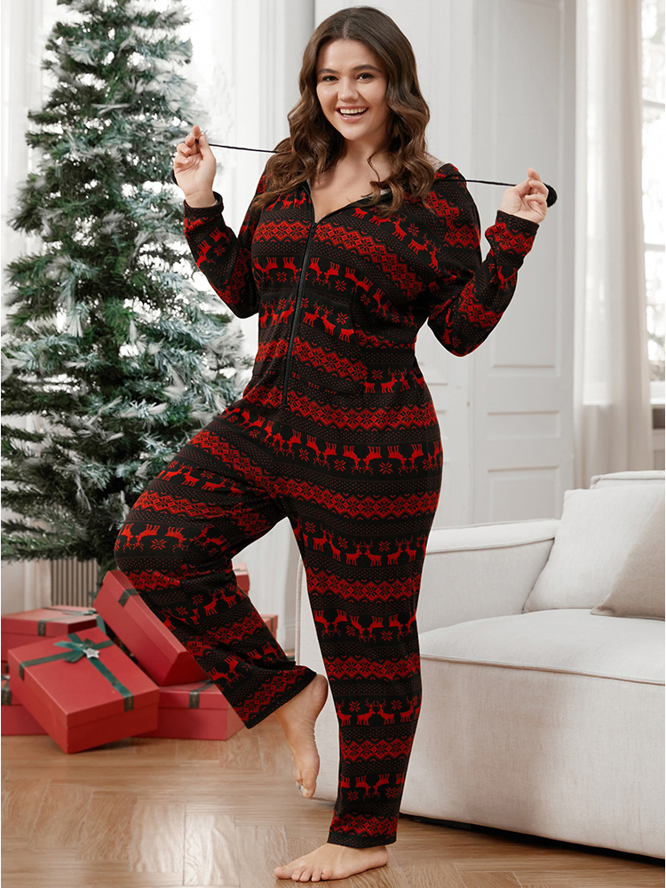 Plus Size Elk & Snowflake Print Pocket Drawstring Zipper Hooded Jumpsuit Women Scarlet Elegant Graphic-Halloween Zipper Hooded Pocket Loungewear BloomChic 22-24/3X 