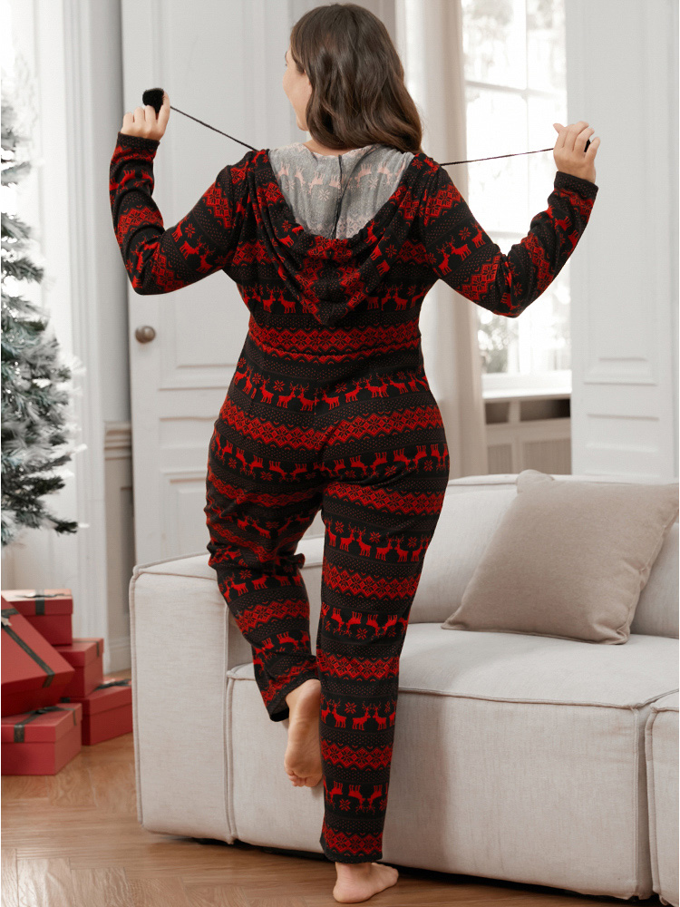 Plus Size Elk & Snowflake Print Pocket Drawstring Zipper Hooded Jumpsuit Women Scarlet Elegant Graphic-Halloween Zipper Hooded Pocket Loungewear BloomChic 22-24/3X 