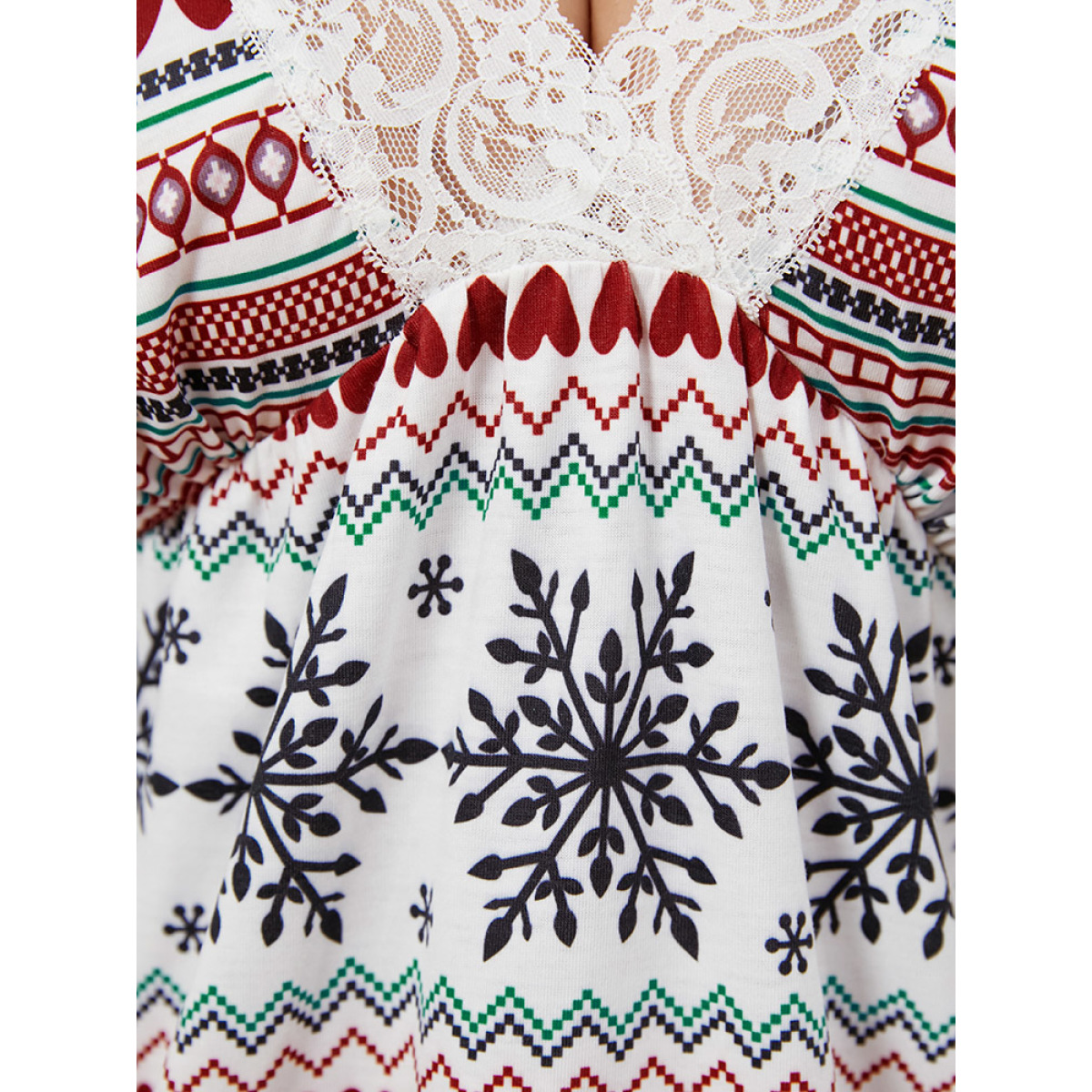 

Plus Size Snowflake Print Contrast Lace Backless Short Dress Women Multicolor Elegant Graphic-Christmas Patchwork V-neck Loungewear BloomChic