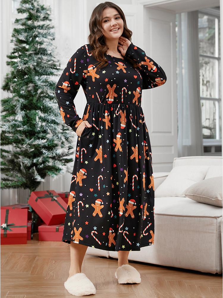 

Plus Size Gingerbread Man Print Pocket Flutter Hem Dress Black Long Sleeve Round Neck Casual Festival-Christmas  Bloomchic