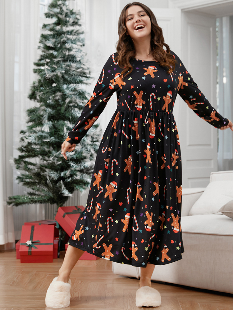 

Plus Size Gingerbread Man Print Pocket Flutter Hem Dress Black Long Sleeve Round Neck Casual Festival-Christmas  Bloomchic