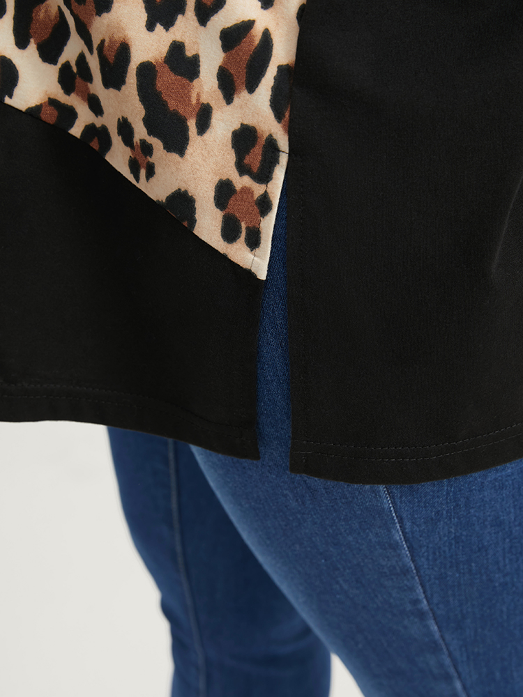 Plus Size Leopard Drop Shoulder Split Long Tee Black Women Casual Leopard Round Neck Dailywear T-shirts BloomChic 14-16/1X 