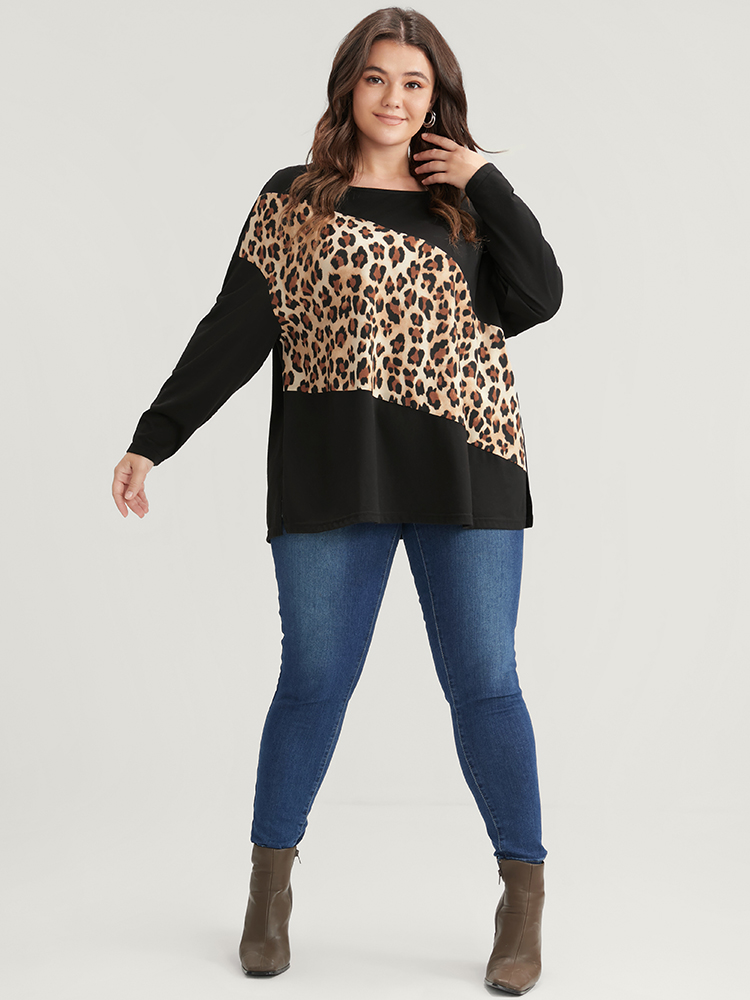 Plus Size Leopard Drop Shoulder Split Long Tee Black Women Casual Leopard Round Neck Dailywear T-shirts BloomChic 14-16/1X 