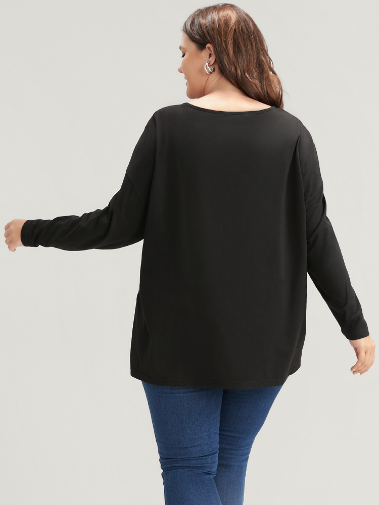 Plus Size Leopard Drop Shoulder Split Long Tee Black Women Casual Leopard Round Neck Dailywear T-shirts BloomChic 14-16/1X 