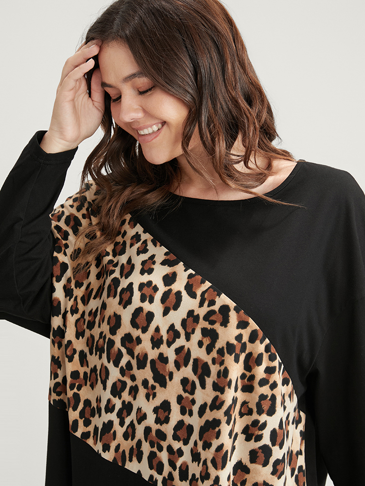 Plus Size Leopard Drop Shoulder Split Long Tee Black Women Casual Leopard Round Neck Dailywear T-shirts BloomChic 14-16/1X 