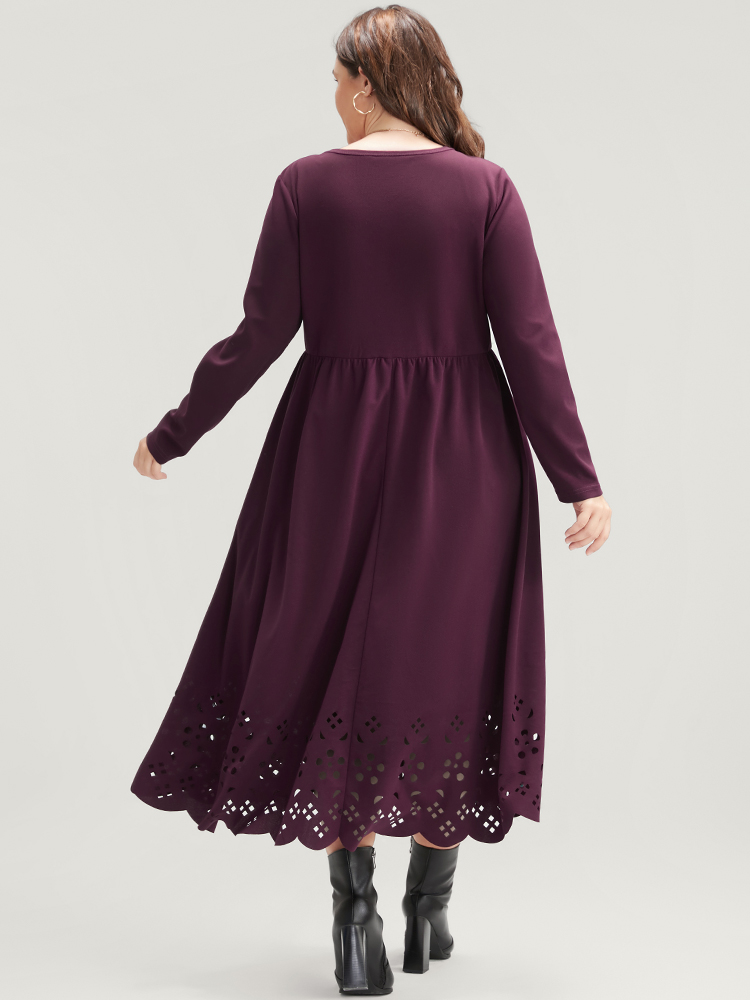 

Plus Size Solid Round Neck Laser Cut Pocket Midi Dress Eggplant Women Elegant Elastic Waist Round Neck Long Sleeve Curvy Midi Dress BloomChic