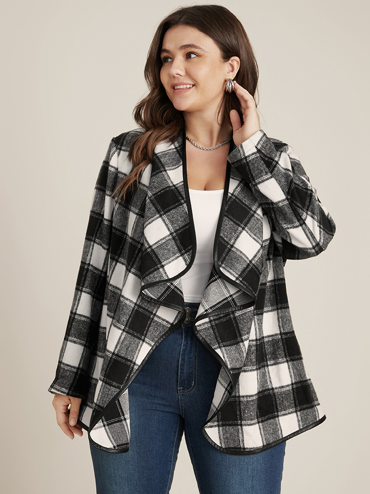 

Plus Size Plaid Waterfall Collar Open Front Coat Women Black Elegant Asymmetrical Loose Ladies Dailywear Winter Coats BloomChic