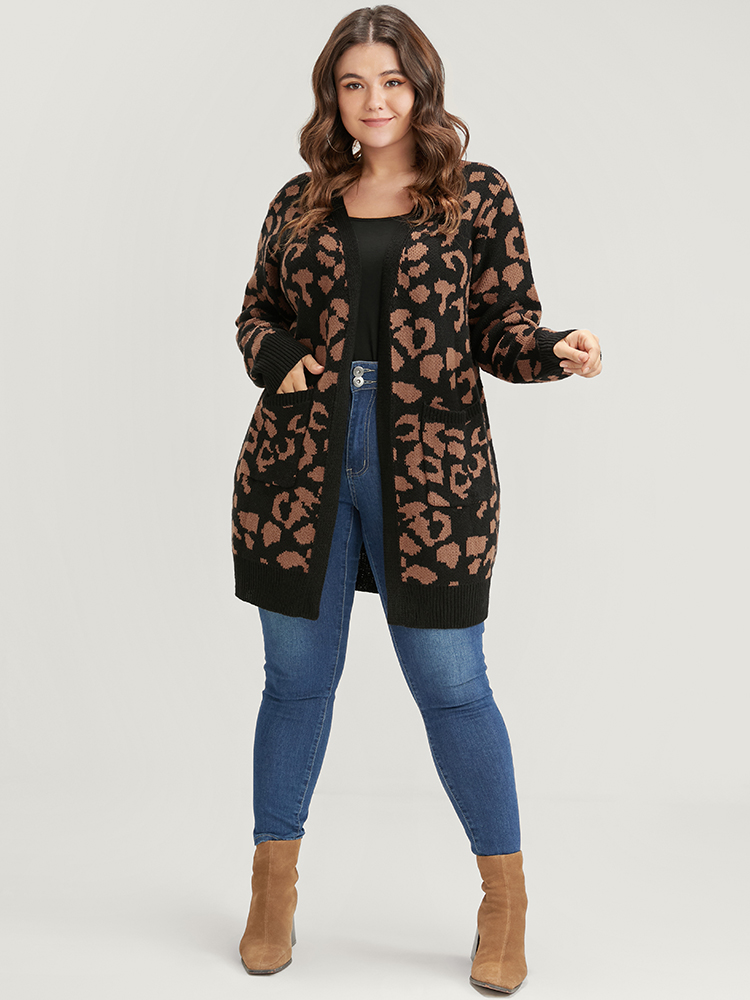 

Plus Size Leopard Pointelle Knit Jacquard Pocket Open Front Cardigan BlackFlower Women Casual Long Sleeve Dailywear Cardigans BloomChic