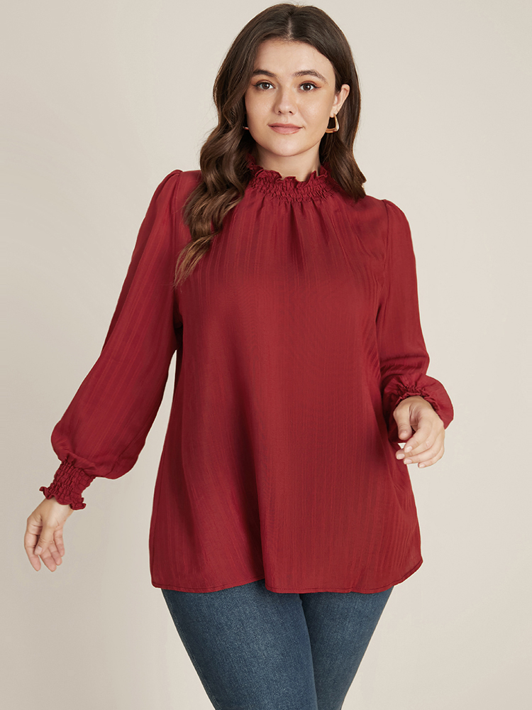 

Plus Size Burgundy Solid Shirred Mock Neck Textured Blouse Women Elegant Long Sleeve Mock Neck Dailywear Blouses BloomChic