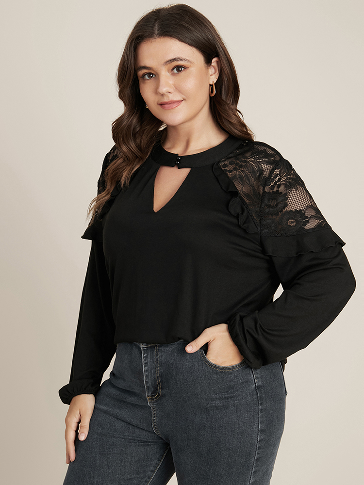 

Plus Size Solid Lace Ruffle Trim Keyhole Mock Neck Long Tee Black Mock Neck Long Sleeve Elegant Jersey Tops