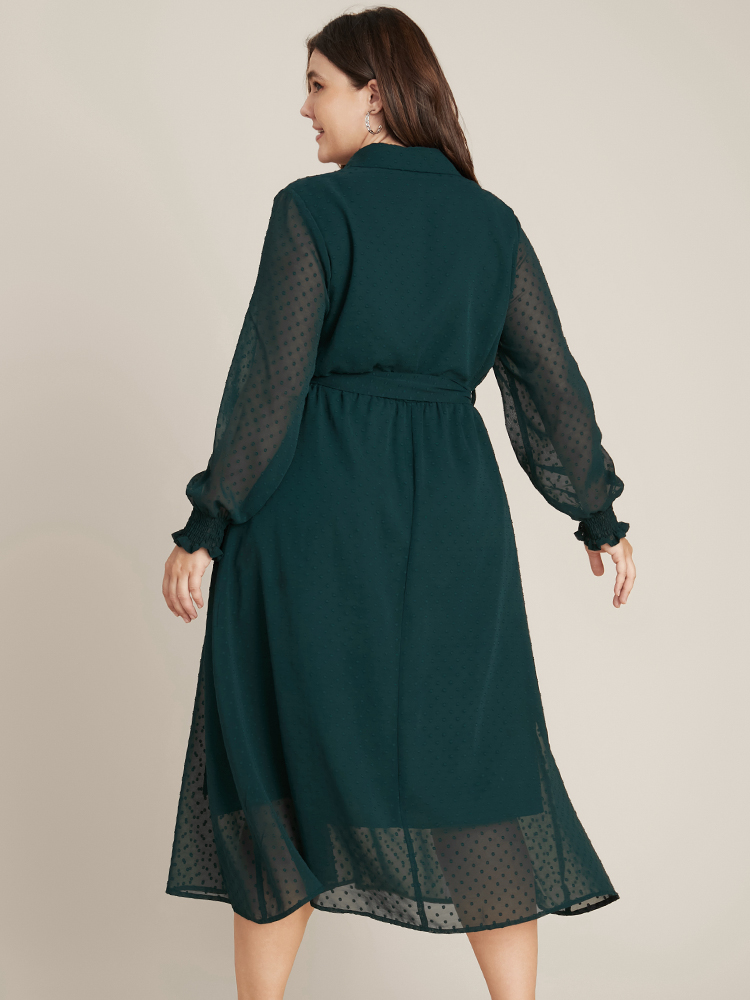 

Plus Size Polka Dot Shirred Button Mesh Belted Shirt Collar Dress DarkGreen Women Glamour Elastic Waist Shirt collar Long Sleeve Curvy Midi Dress BloomChic