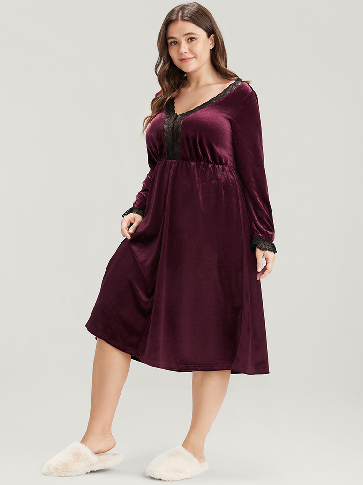 

Plus Size Solid V Neck Lace Velvet Night Dress Burgundy Long Sleeve V-neck Elegant Home  Bloomchic