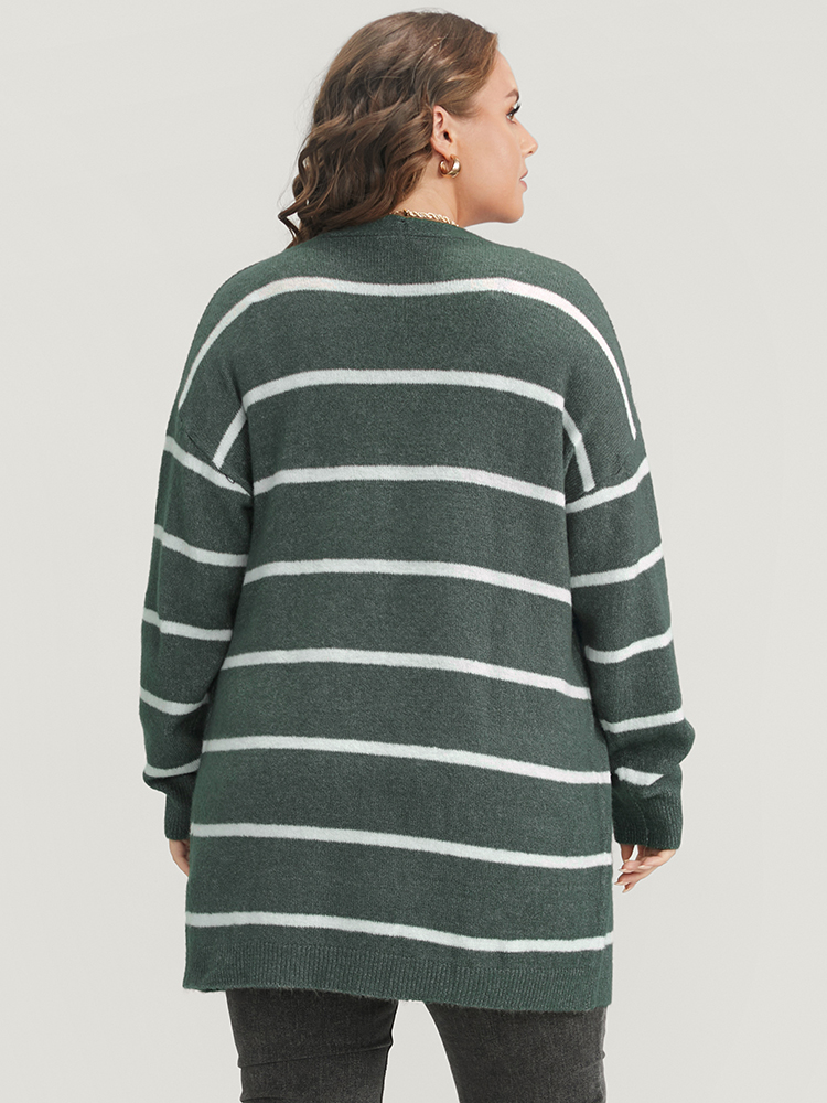 

Plus Size Striped Contrast Super Soft Plush Knit Pocket Button Front Cardigan DarkGreen Women Casual Loose Long Sleeve Dailywear Cardigans BloomChic