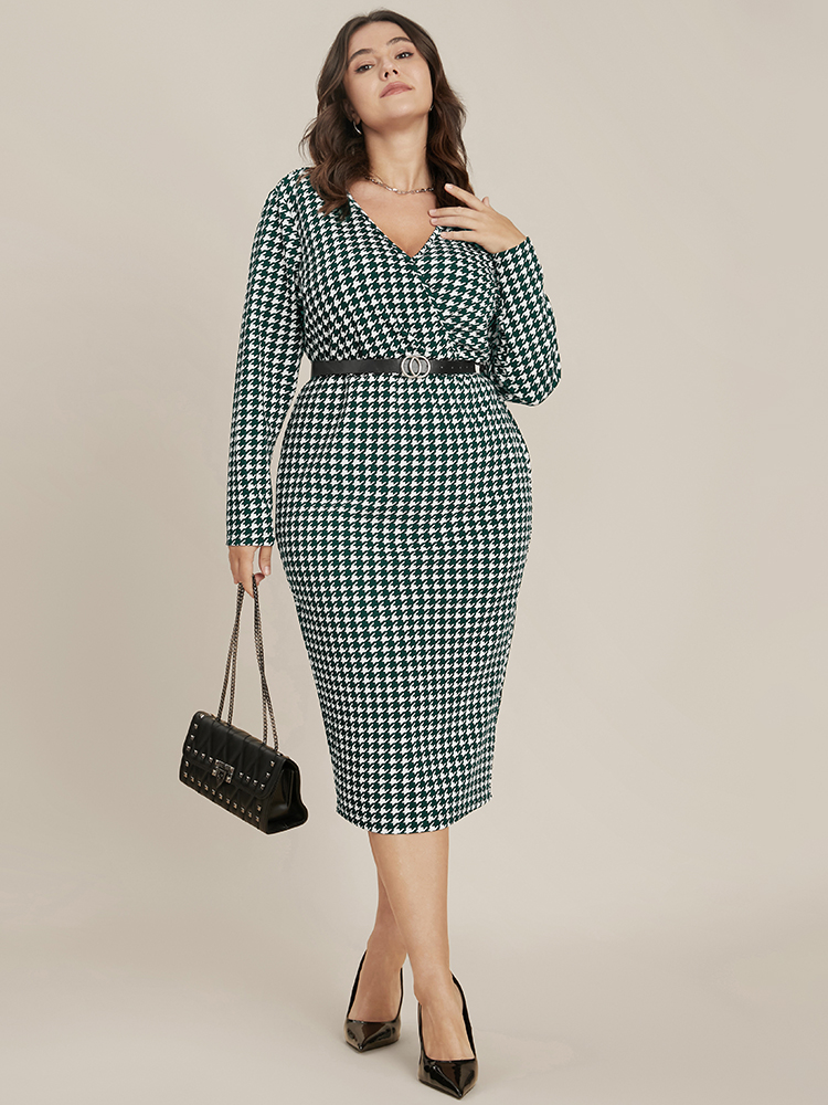 

Plus Size Houndstooth Print Wrap Bodycon Midi Dress Without Belt DarkGreen Women Elegant Wrap V-neck Long Sleeve Curvy Midi Dress BloomChic