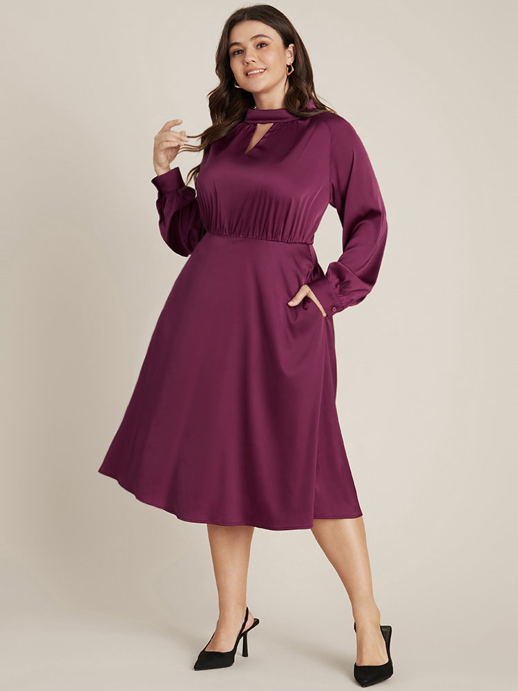 

Plus Size Solid Pocket Keyhole Mock Neck Satin Midi Dress RedViolet Women Party Pocket Mock Neck Long Sleeve Curvy Midi Dress BloomChic