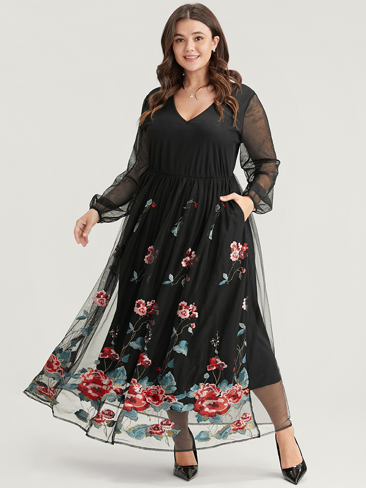 

Plus Size Floral Embroidered Mesh Lantern Sleeve Pocket Maxi Dress Black Women Glamour Embroidered V-neck Long Sleeve Curvy Long Dress BloomChic