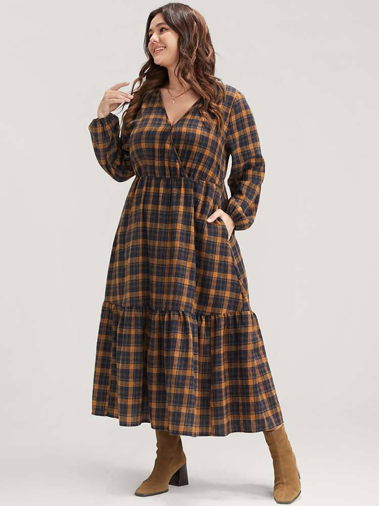 

Plus Size Plaid Lantern Sleeve Pocket Wrap Flutter Hem Dress Without Belt Navy Women Elegant Pocket V-neck Long Sleeve Curvy Midi Dress BloomChic