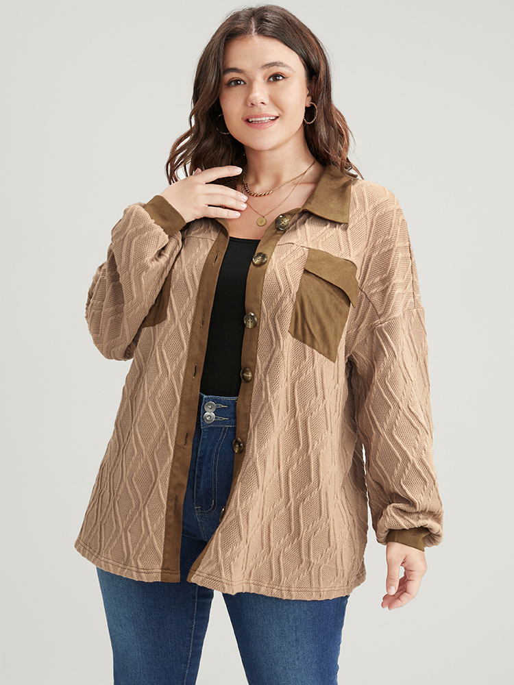 

Plus Size Geometric Contrast Flap Pocket Button Up Shirt Bronze Casual Shirts