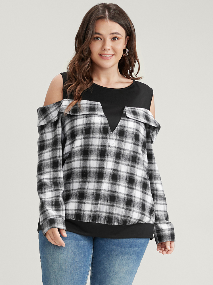 

Plus Size Plaid Patchwork Cold Shoulder Sweatshirt Women Black Elegant Patchwork Cold Shoulder Dailywear Sweatshirts BloomChic