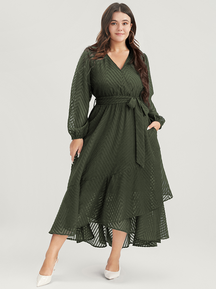 

Plus Size Solid Geometric Wrap Pocket Belted Asymmetrical Hem Dress ArmyGreen Women Glamour Plain V-neck Long Sleeve Curvy Long Dress BloomChic