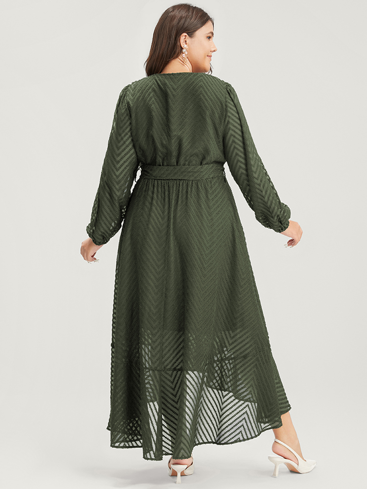 

Plus Size Solid Geometric Wrap Pocket Belted Asymmetrical Hem Dress ArmyGreen Women Glamour Plain V-neck Long Sleeve Curvy Long Dress BloomChic