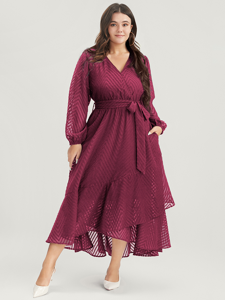 

Plus Size Solid Geometric Wrap Pocket Belted Asymmetrical Hem Dress RedViolet Women Glamour Plain V-neck Long Sleeve Curvy Long Dress BloomChic