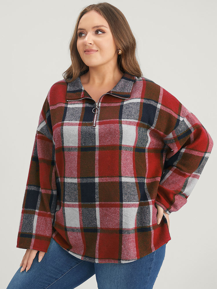 

Plus Size Plaid Drop Shoulder O Ring Zip Sweatshirt Women Red Casual Zipper Lapel Collar Dailywear Sweatshirts BloomChic