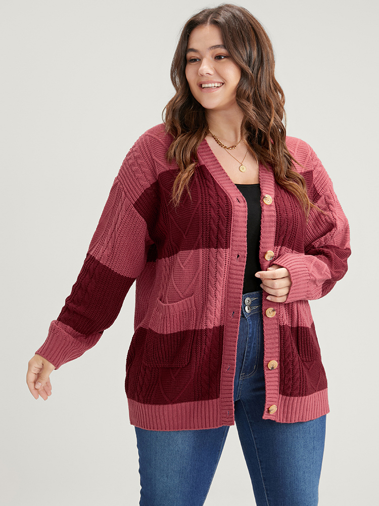 

Plus Size Colorblock Contrast Pointelle Knit Pocket Button Front Cardigan Multicolor Women Casual Loose Long Sleeve Dailywear Cardigans BloomChic