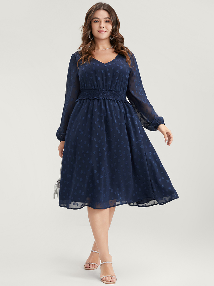 

Plus Size Star Print Pocket Lantern Sleeve Shirred Chiffon Dress Navy Women Glamour Elastic Waist V-neck Long Sleeve Curvy Knee Dress BloomChic