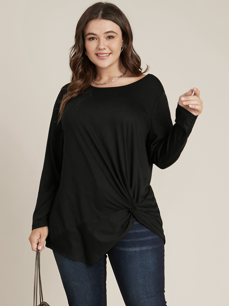 

Plus Size Solid Round Neck Twist Front Long Tee Black Women Elegant Plain Plain Round Neck Dailywear T-shirts BloomChic