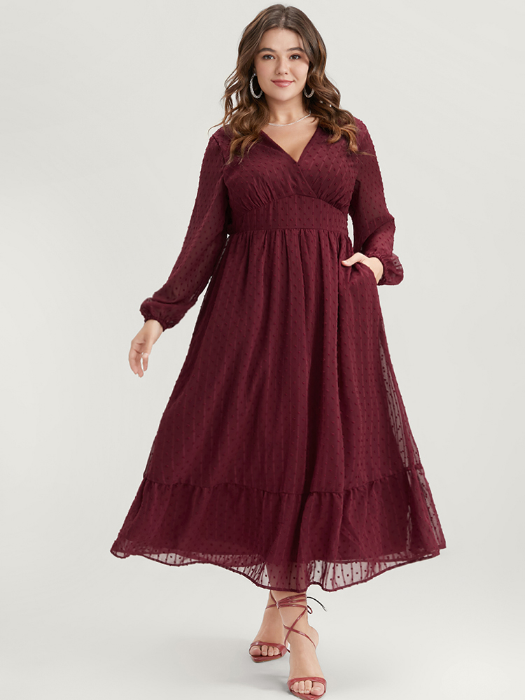 

Plus Size Polka Dot Lantern Sleeve Pocket Wrap Flutter Dress Burgundy Women Elegant Patchwork V-neck Long Sleeve Curvy Midi Dress BloomChic