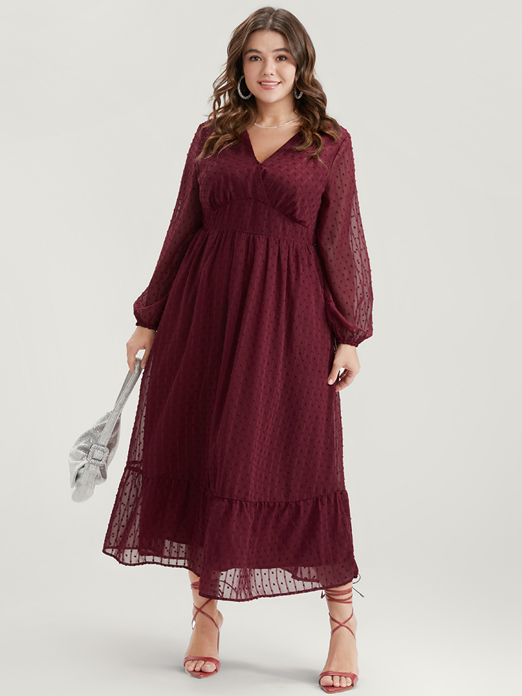 

Plus Size Polka Dot Lantern Sleeve Pocket Wrap Flutter Dress Burgundy Women Elegant Patchwork V-neck Long Sleeve Curvy Midi Dress BloomChic