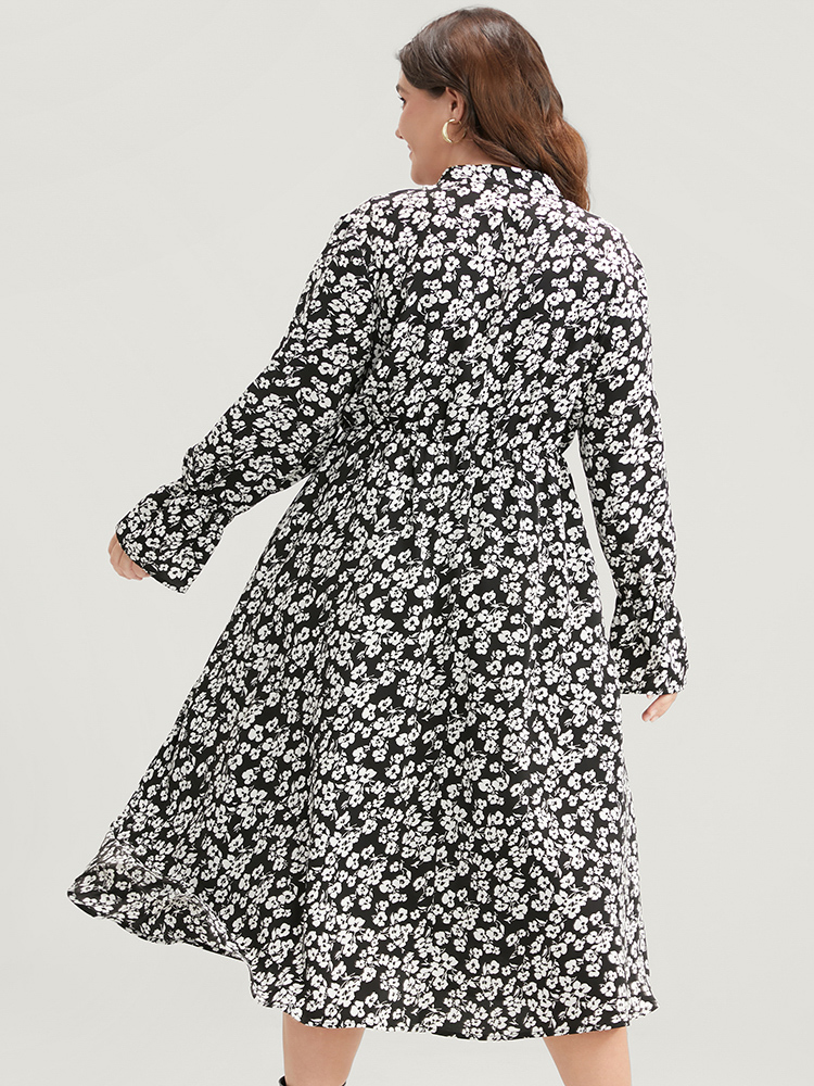 Plus Size Women Dailywear Floral Elastic Waist Lantern Sleeve Long Sleeve V-neck Pocket Casual Dresses BloomChic 
