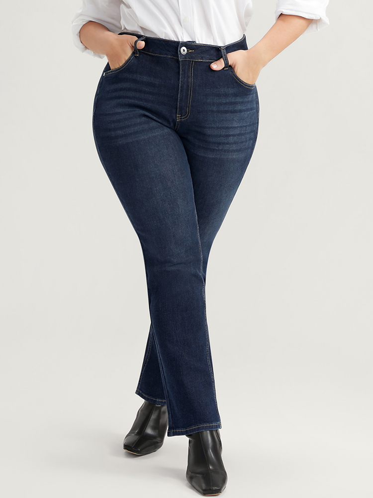 

Plus Size Straight Leg Very Stretchy High Rise Dark Wash Full Jeans Women DarkBlue Office Plain High stretch Pocket Jeans BloomChic