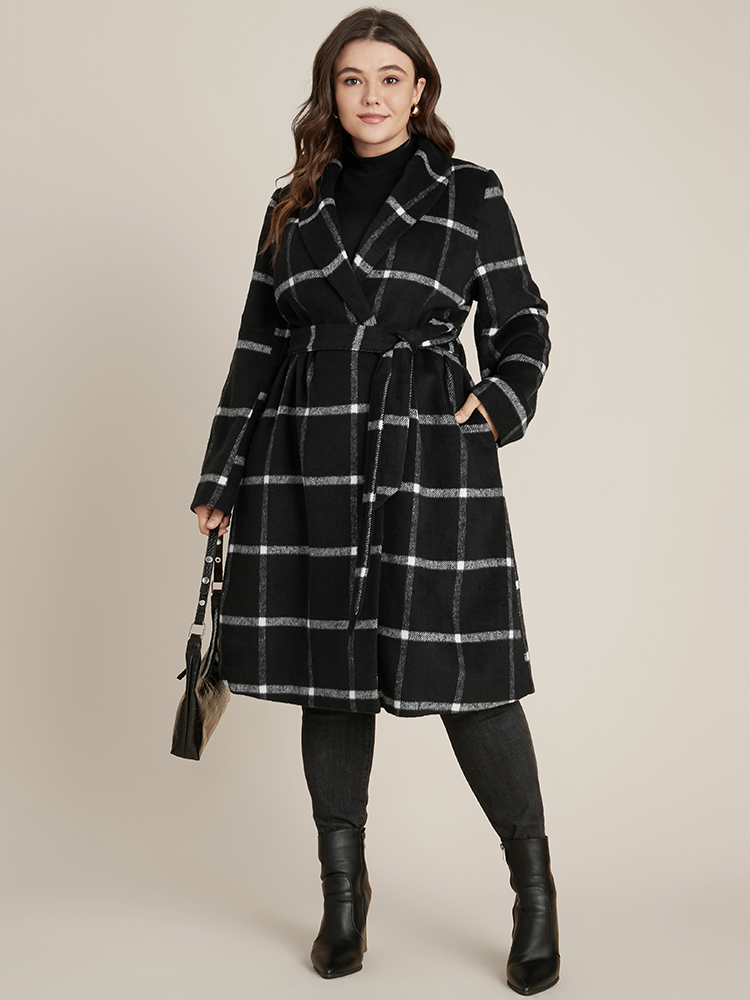 

Plus Size Plaid Lapel Collar Belted Pocket Coat Women Black Elegant Belted Ladies Dailywear Winter Coats BloomChic