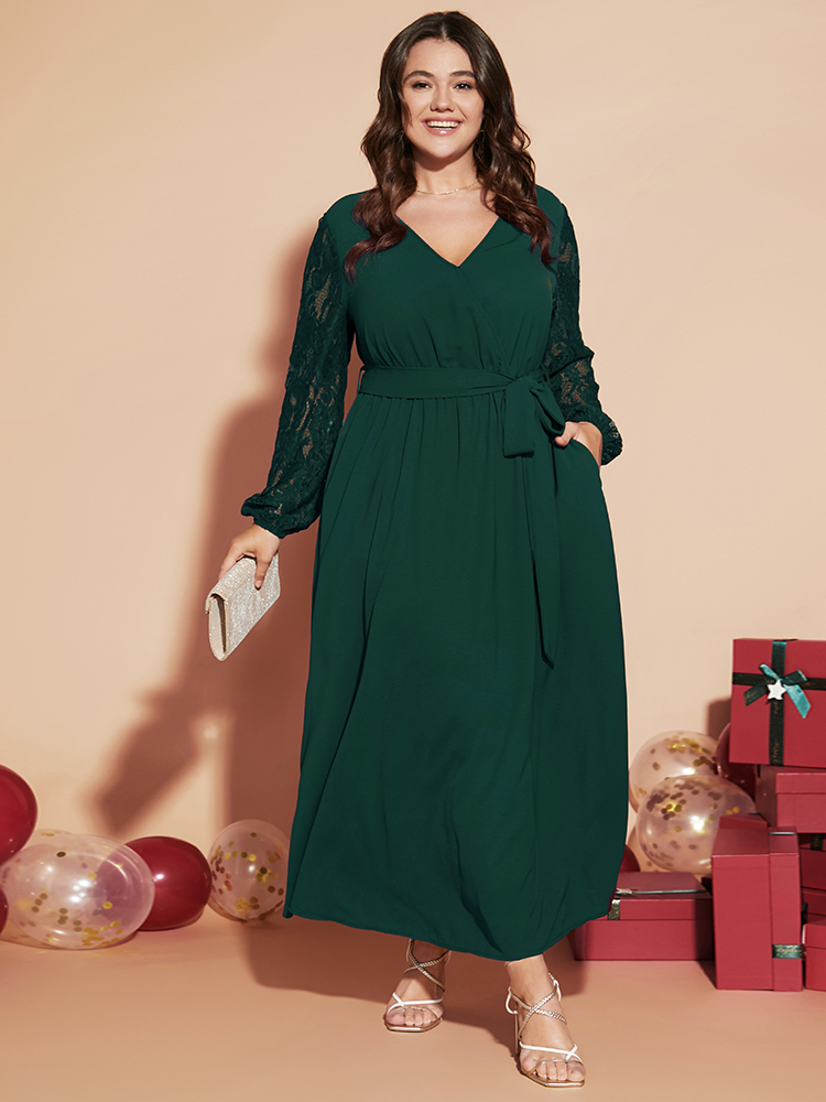 Plus Size Solid Wrap Pocket Lantern Sleeve Lace Belted Maxi Dress DarkGreen Women Elegant V-neck Long Sleeve Curvy Long Dress BloomChic 30/6X 