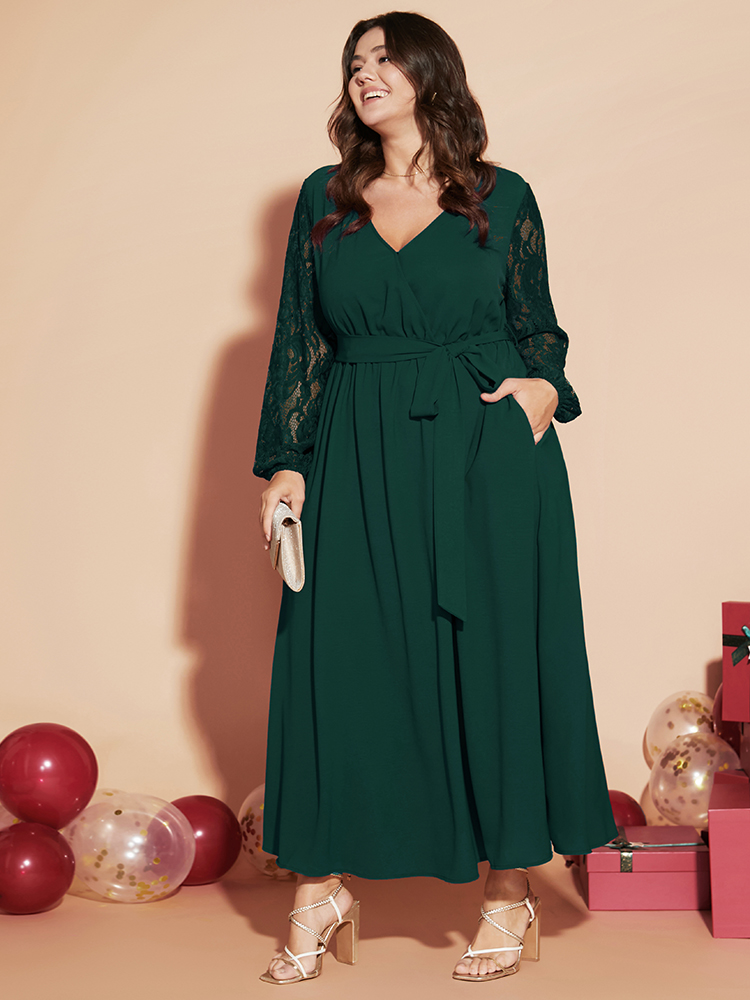 Plus Size Solid Wrap Pocket Lantern Sleeve Lace Belted Maxi Dress DarkGreen Women Elegant V-neck Long Sleeve Curvy Long Dress BloomChic 30/6X 