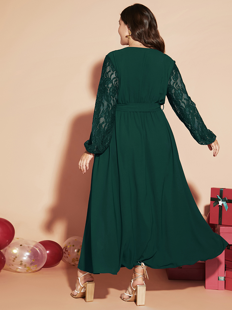 Plus Size Solid Wrap Pocket Lantern Sleeve Lace Belted Maxi Dress DarkGreen Women Elegant V-neck Long Sleeve Curvy Long Dress BloomChic 30/6X 