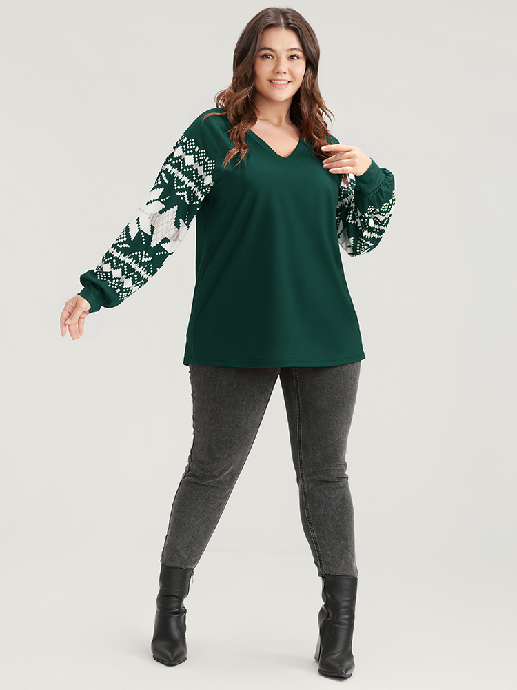 Plus Size Snowflake Print V Neck Drop Shoulder Sweatshirt Women DarkGreen Casual Contrast V-neck Festival-Christmas Sweatshirts BloomChic 14-16/1X 