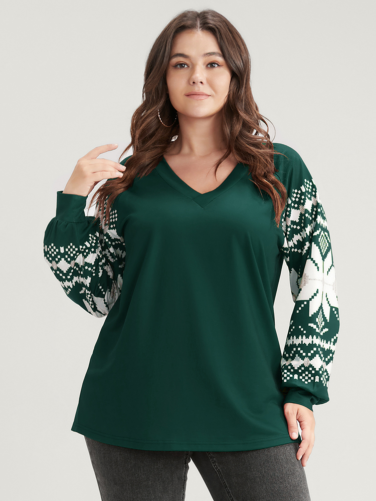 Plus Size Snowflake Print V Neck Drop Shoulder Sweatshirt Women DarkGreen Casual Contrast V-neck Festival-Christmas Sweatshirts BloomChic 14-16/1X 