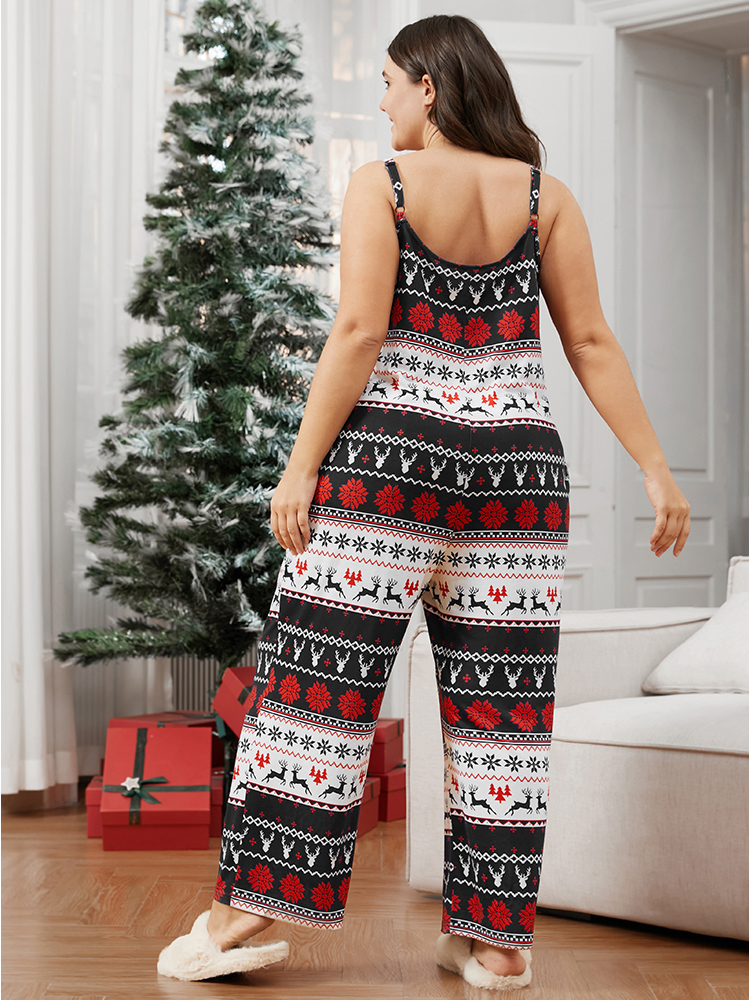 

Plus Size Elk Snowflake Print Pocket Striped Cami Jumpsuit Black Pocket Pocket Dailywear Elegant Sleep Jumpsuits/Rompers  Bloomchic