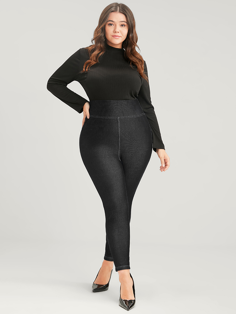 

Plus Size Solid Stitch Detail Wideband Waist Leggings Women Black Casual High stretch Skinny Mid Rise Dailywear Leggings BloomChic