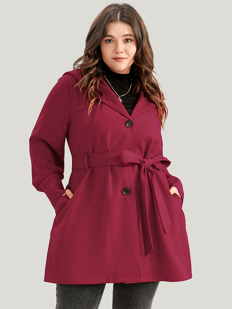 

Plus Size Solid Pocket Button Up Belted Hooded Coat Women Raspberry Casual Button Ladies Dailywear Winter Coats BloomChic