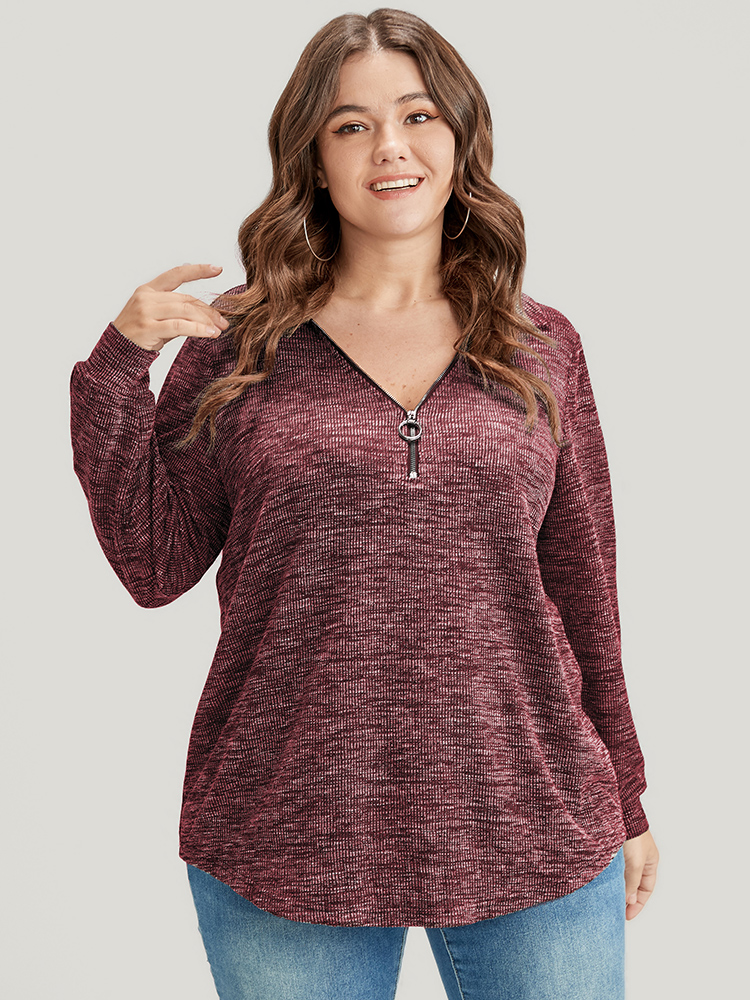 

Plus Size Solid O Ring Zip Rib Knit Long Tee Burgundy Women Elegant Zipper Plain Lapel Collar Dailywear T-shirts BloomChic