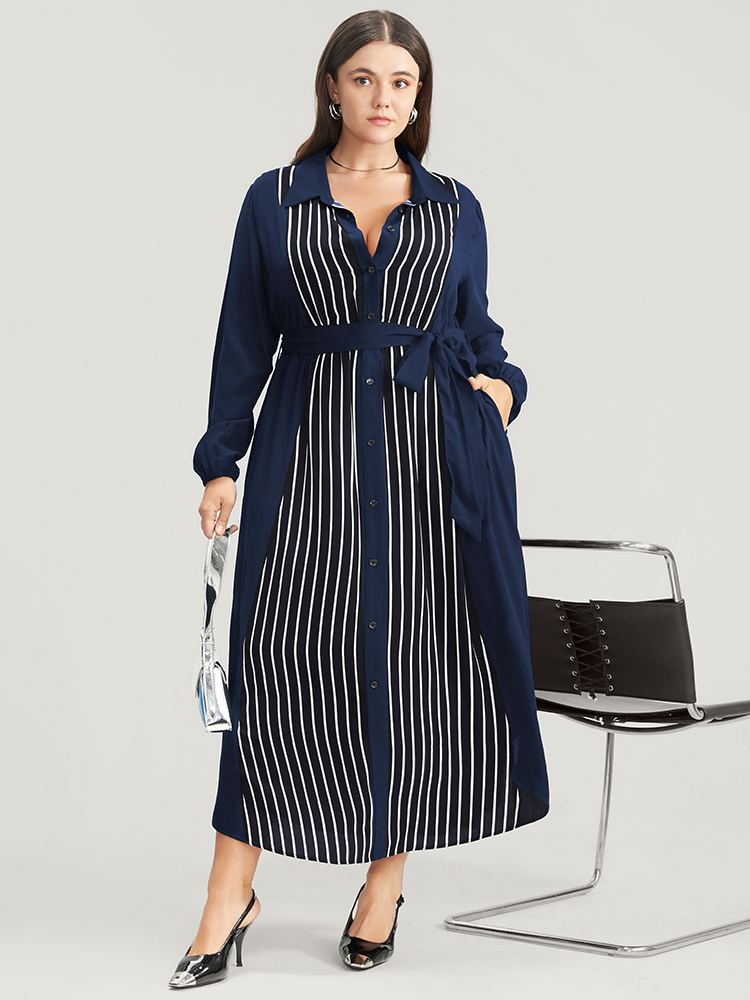 

Plus Size Striped Contrast Pocket Button Detail Belted Dress Navy Women Office Pocket Shirt collar Long Sleeve Curvy Long Dress BloomChic