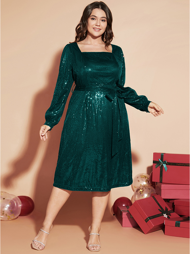 

Plus Size Solid Square Neck Lantern Sleeve Belted Sequin Dress DarkGreen Women Cross straps Square Neck Long Sleeve Curvy Midi Dress BloomChic
