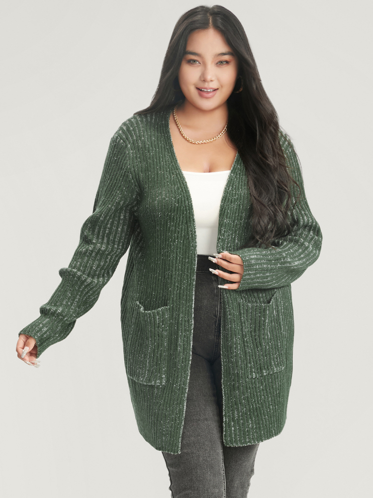 

Plus Size Solid Pointelle Knit Heather Rib Knit Open Front Cardigan ArmyGreen Women Casual Loose Long Sleeve Work Cardigans BloomChic