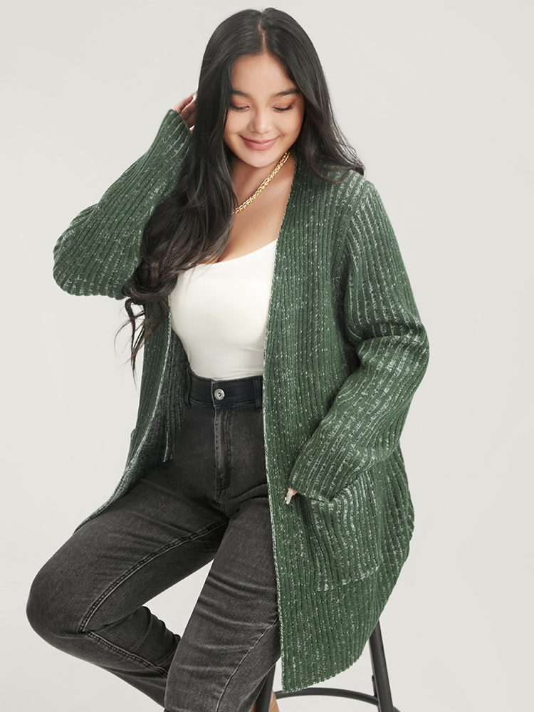 

Plus Size Solid Pointelle Knit Heather Rib Knit Open Front Cardigan ArmyGreen Women Casual Loose Long Sleeve Work Cardigans BloomChic